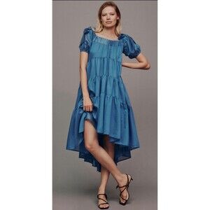 Anthropologie Midi Dress Blue Off The Shoulder Preppy Resort Boho Sz XSP NWT